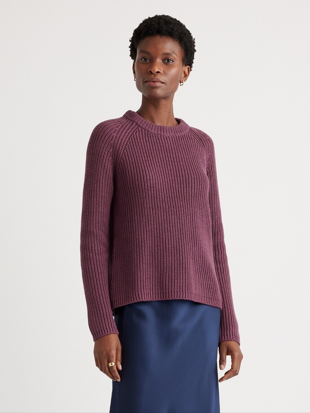 Quince Organic Cotton Fisherman Crew Sweater, Medium in Eggplant